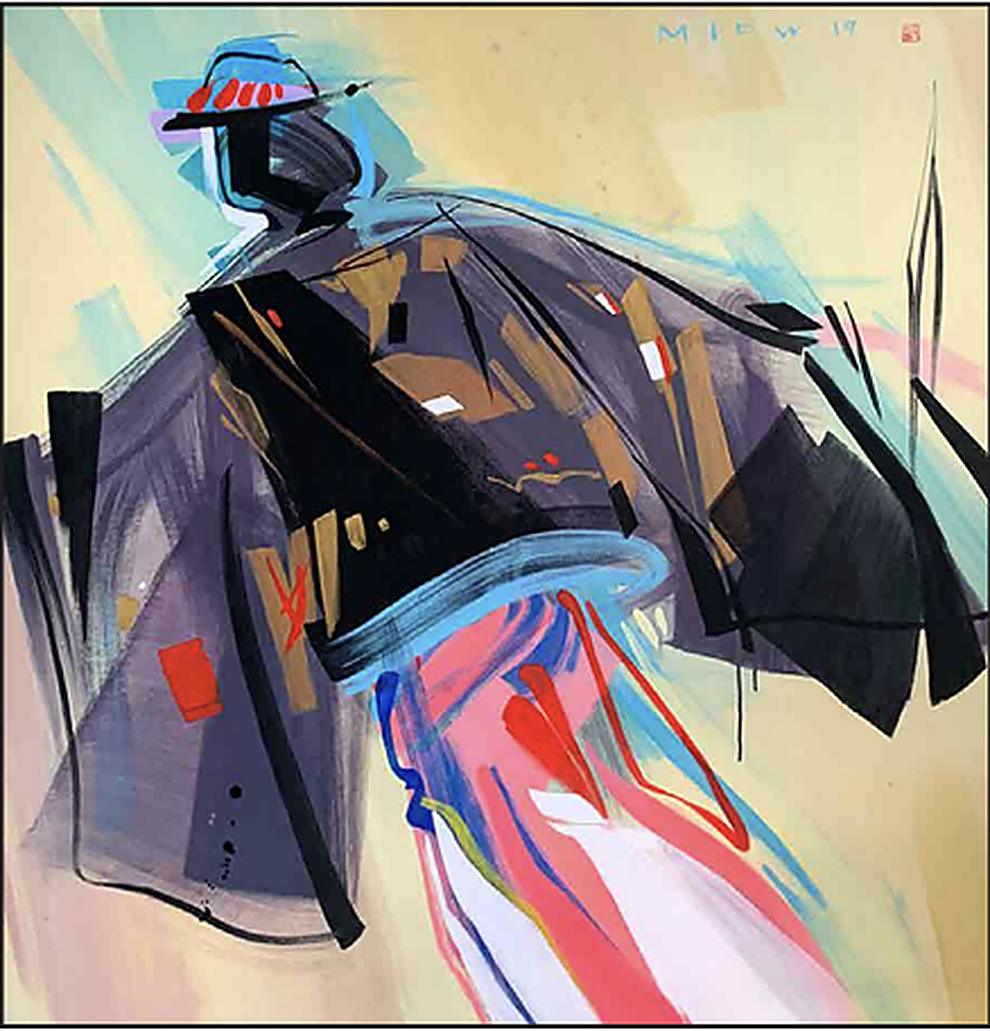 Painterly fashion study of a figure in a dark caped coat, Lihuà