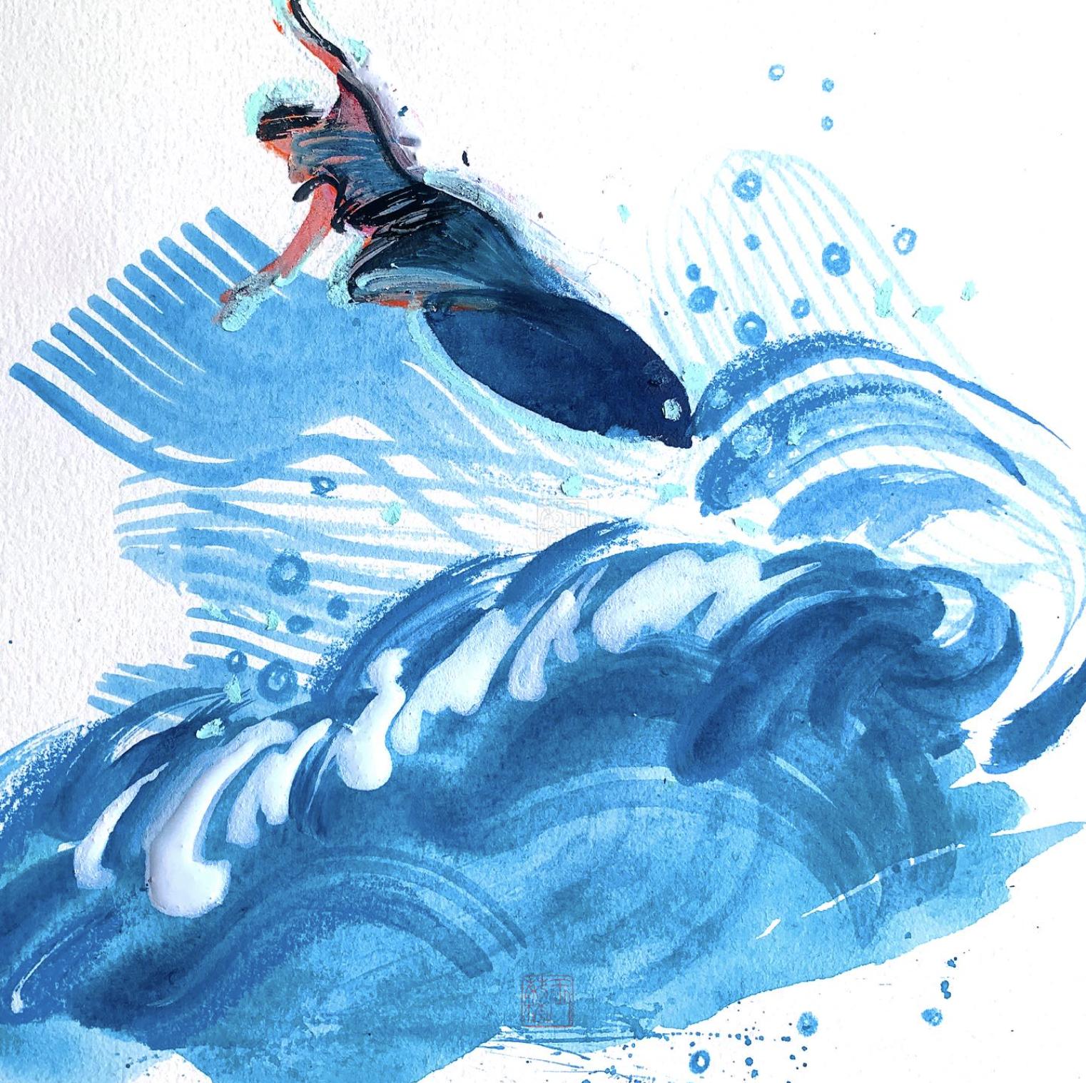 Ink and watercolour painting of a surfer on a breaking wave, Lihuà