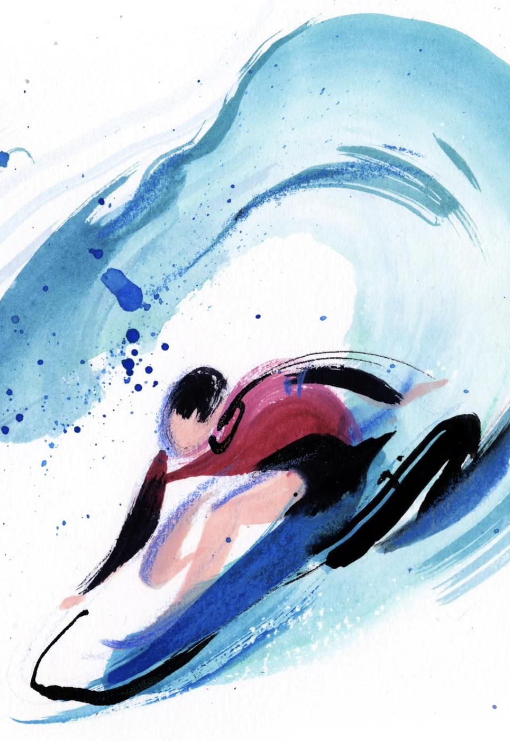 Ink and watercolour painting of a surfer inside a breaking wave, Lihuà