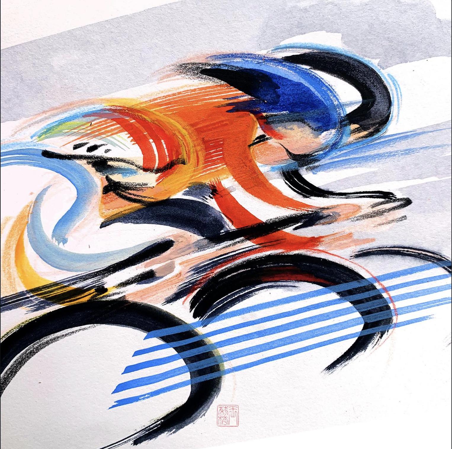 Ink and watercolour painting of a cyclist in orange and blue, Lihuà