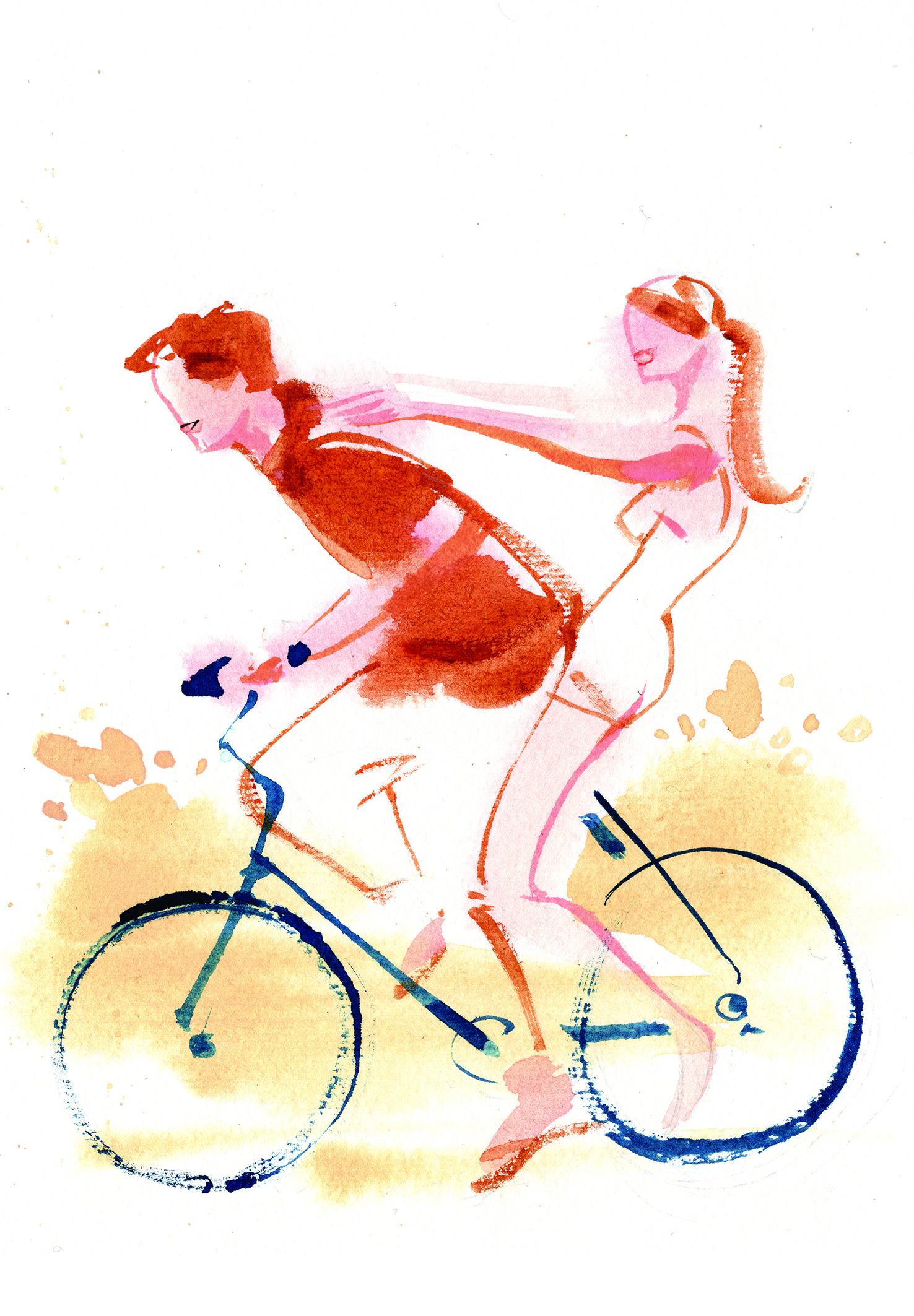 Watercolour and ink painting of two figures riding a bicycle together, Lihuà