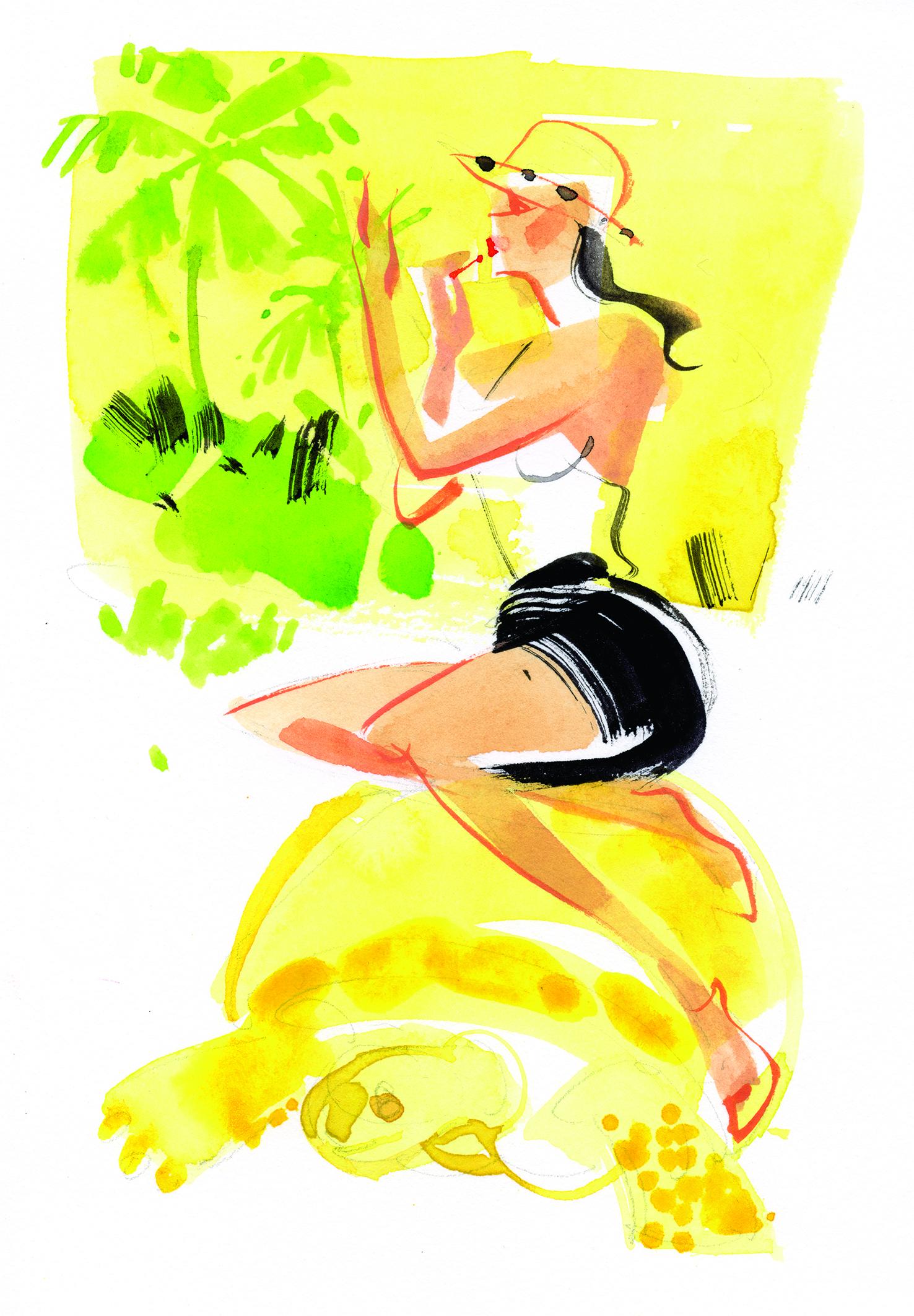 Watercolour and ink painting of a figure against yellow foliage, Lihuà