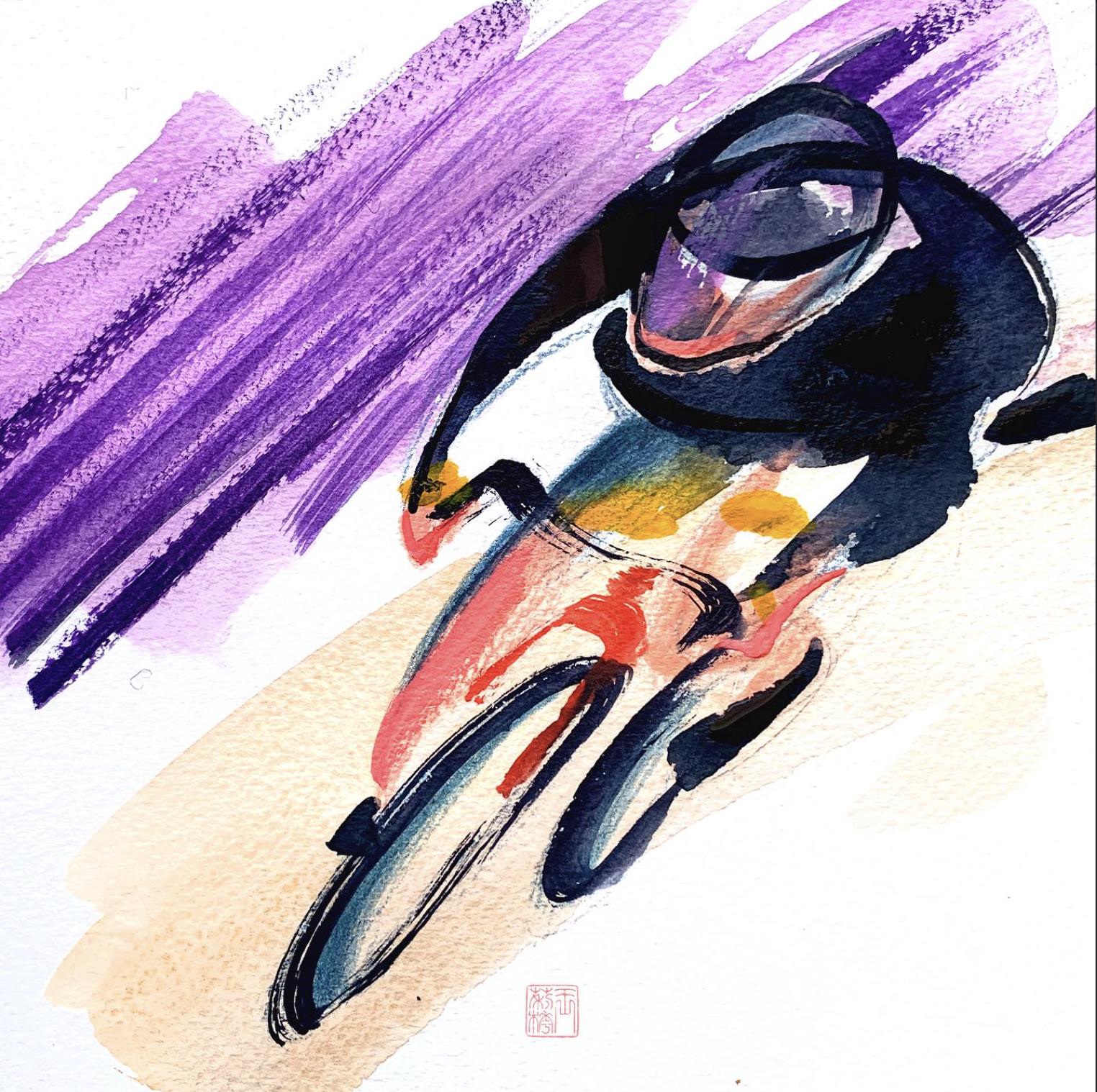 Ink and watercolour painting of a cyclist over violet brushwork, Lihuà