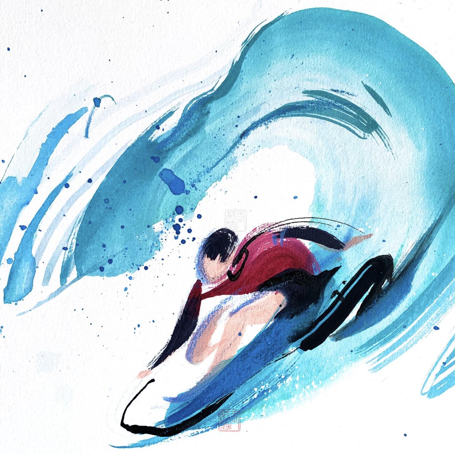 Ink and watercolour painting of a surfer inside a breaking wave, Lihuà