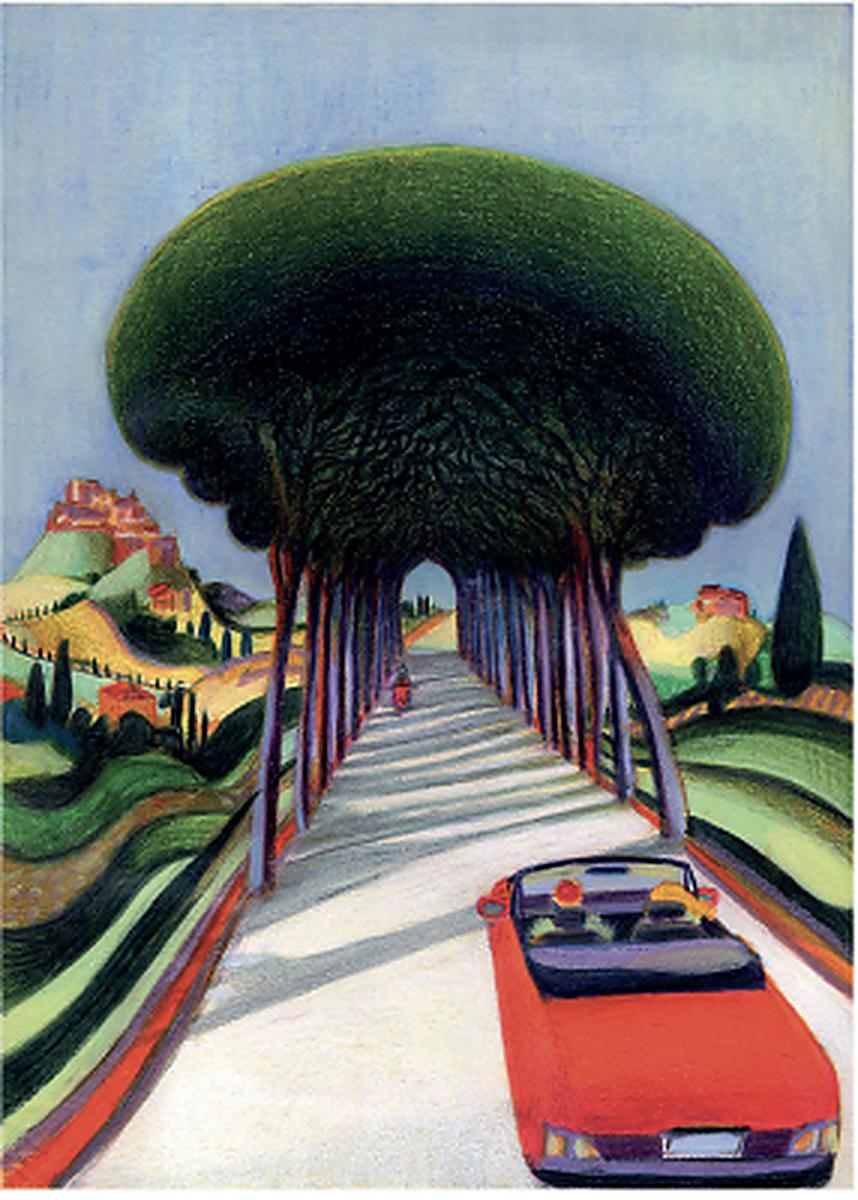 Illustration of a red convertible on a tree lined road, Lorenzo Mattotti
