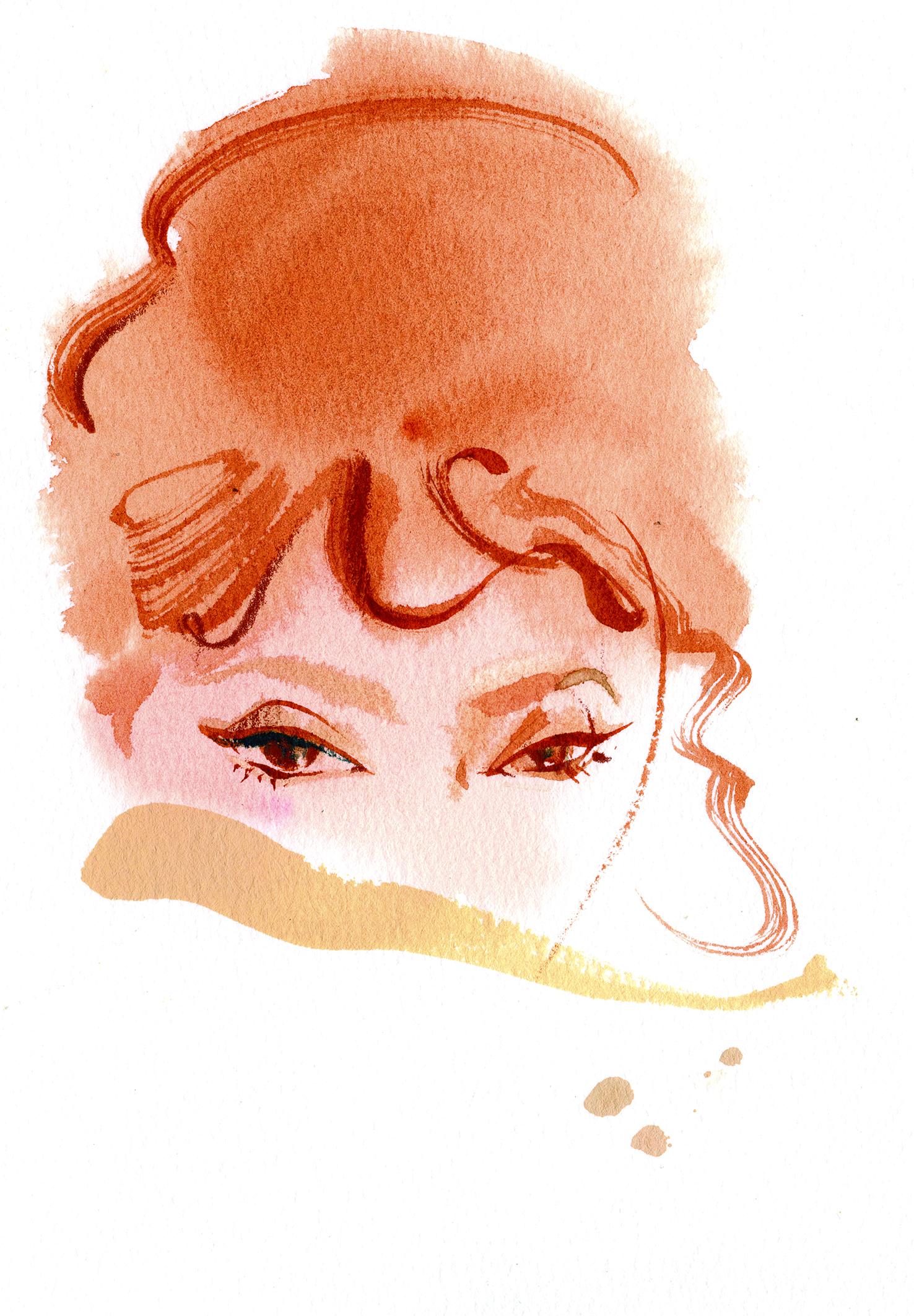 Watercolour portrait of a woman with swept auburn hair, Lihuà