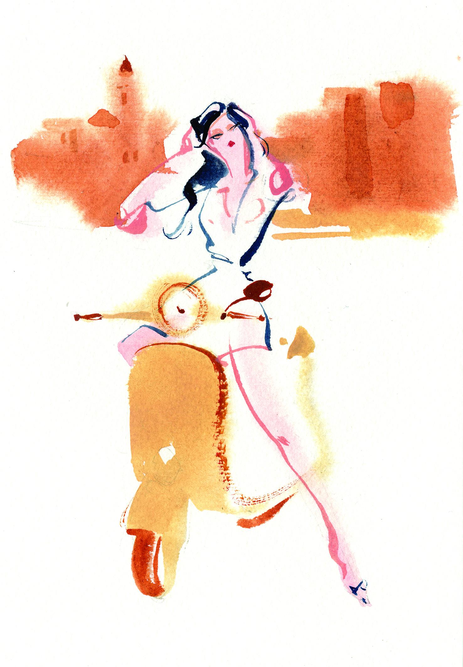 Watercolour and ink painting of a figure riding a scooter through a warm city, Lihuà